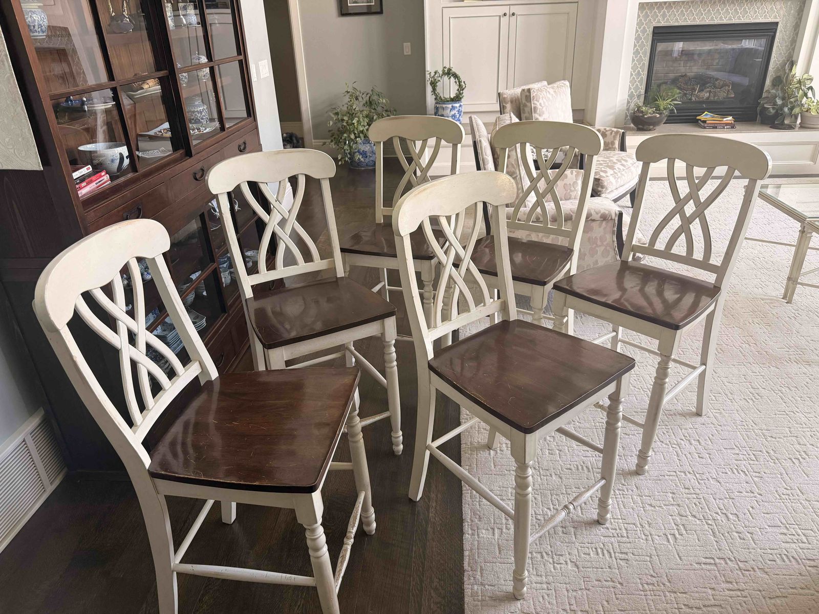 Set of 6 Cream & Brown Wood Bar Stools / Counter Height Chairs - Ladder Back Design