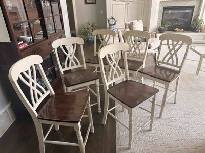Set of 6 Cream & Brown Wood Bar Stools / Counter Height Chairs - Ladder Back Design