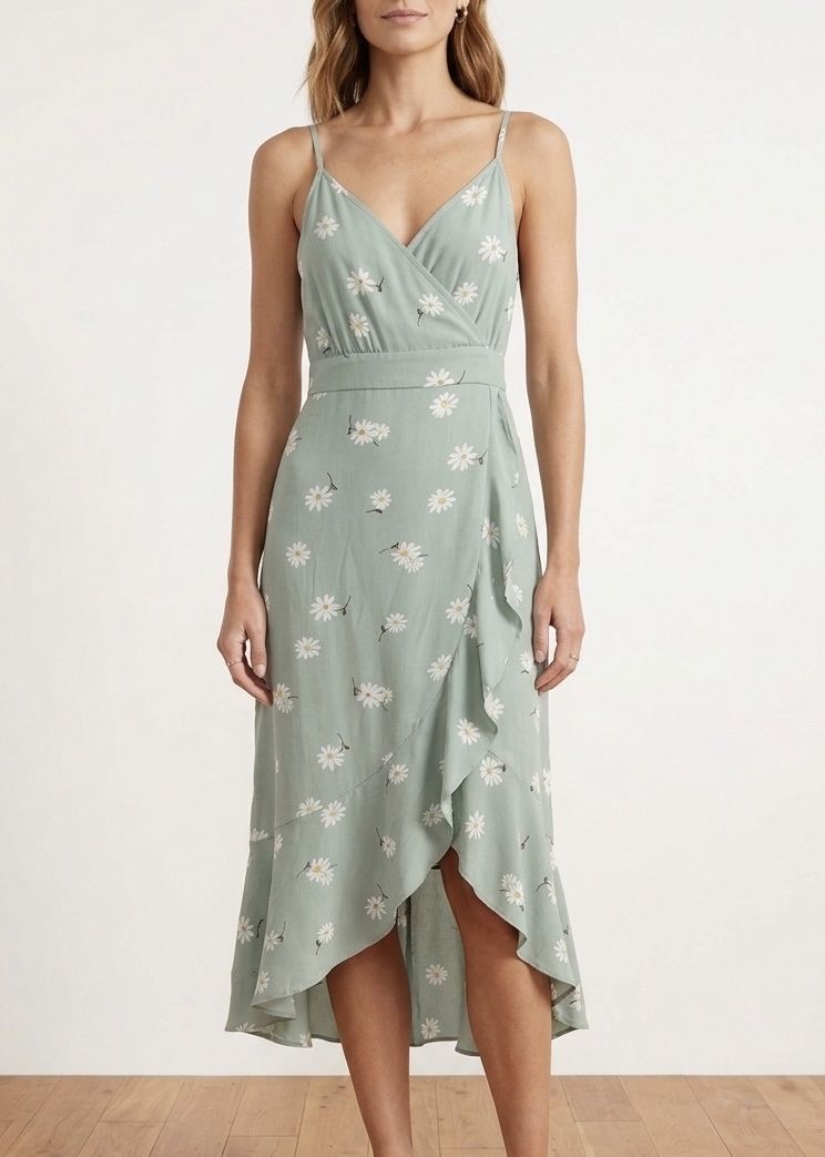 Cute Daisy Floral Midi Dress - Light Green, Spaghetti Strap, High-Low Hem