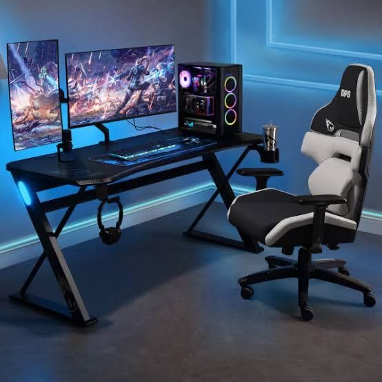 DPS Gaming Desk with LED Lights - Large Z-Shaped Ergonomic Workstation