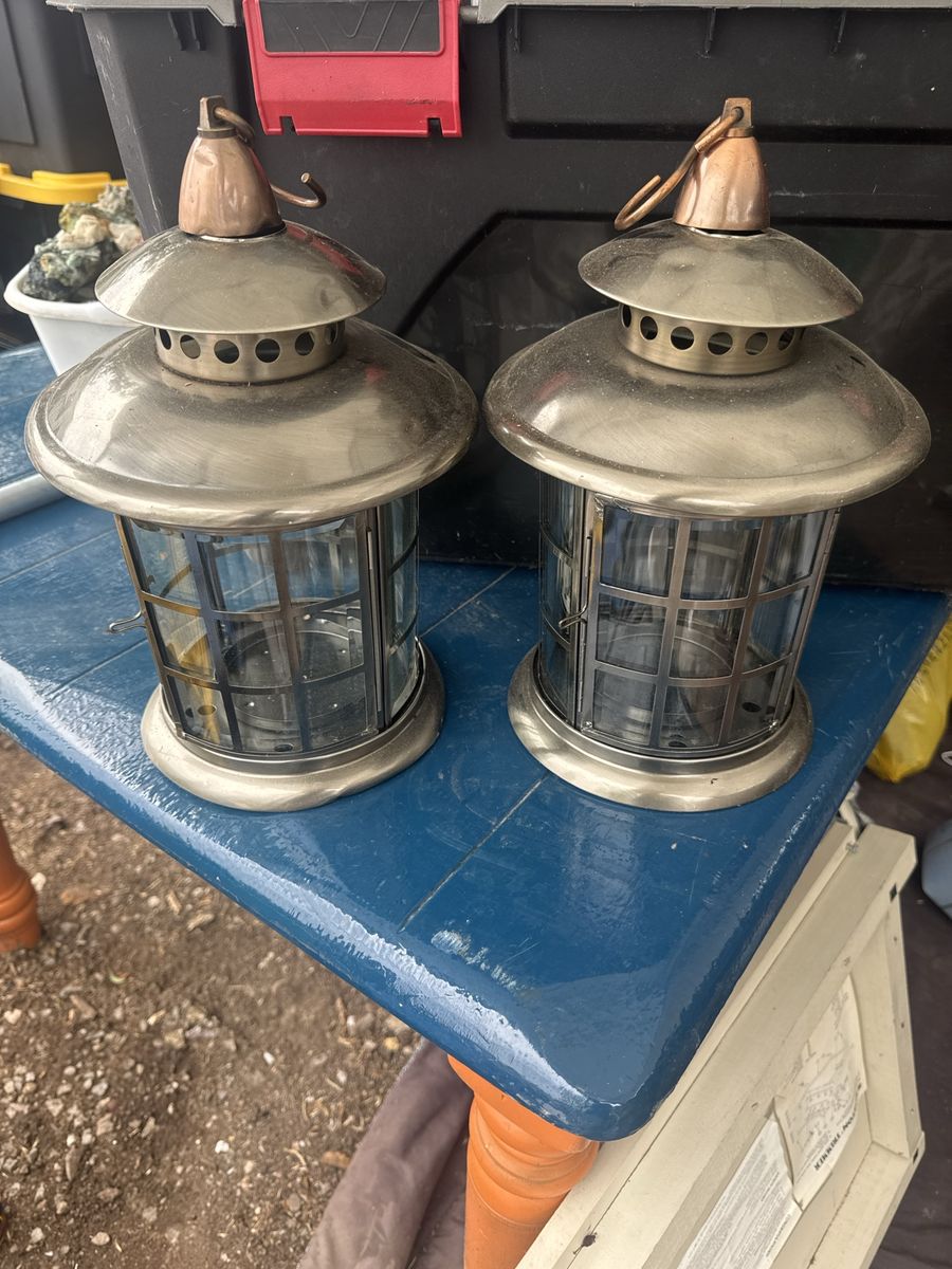 Set of 2 Metal and Glass Candle Lanterns with Hanging Hooks