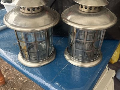 Set of 2 Metal and Glass Candle Lanterns with Hanging Hooks