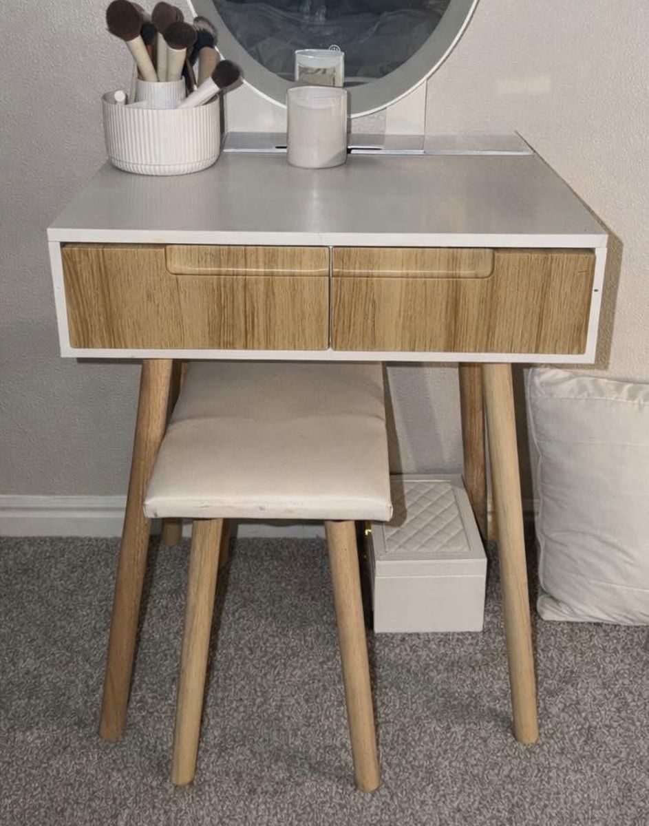 Modern White & Wood Vanity Desk with Drawers and Round Mirror