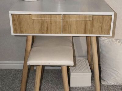 Modern White & Wood Vanity Desk with Drawers and Round Mirror