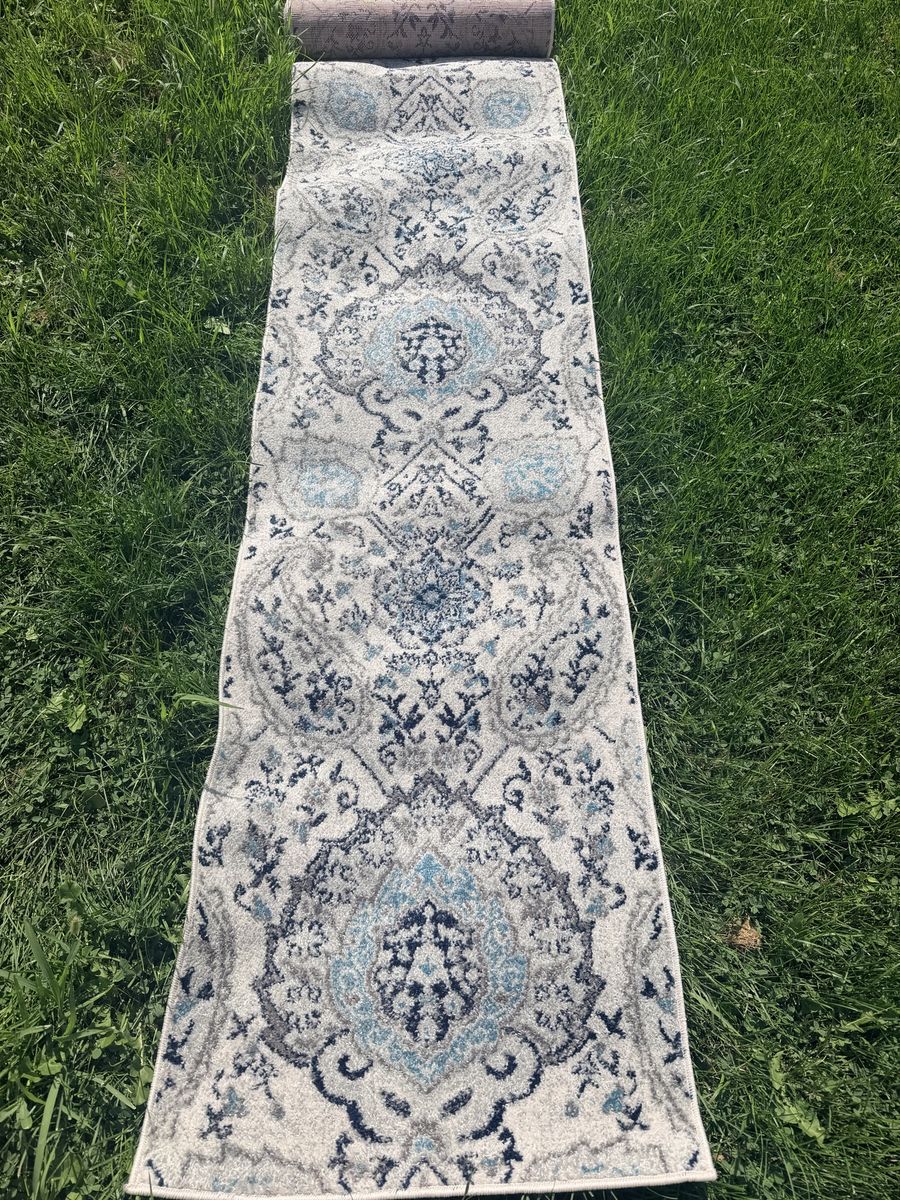 Blue and Grey Traditional Damask Pattern Runner Rug