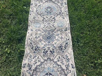 Blue and Grey Traditional Damask Pattern Runner Rug