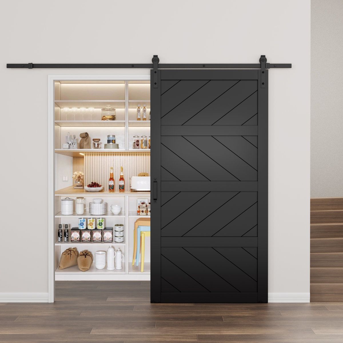 Black Chevron Wooden Sliding Barn Door with Mounting Hardware Track Kit