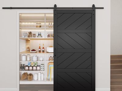 Black Chevron Wooden Sliding Barn Door with Mounting Hardware Track Kit