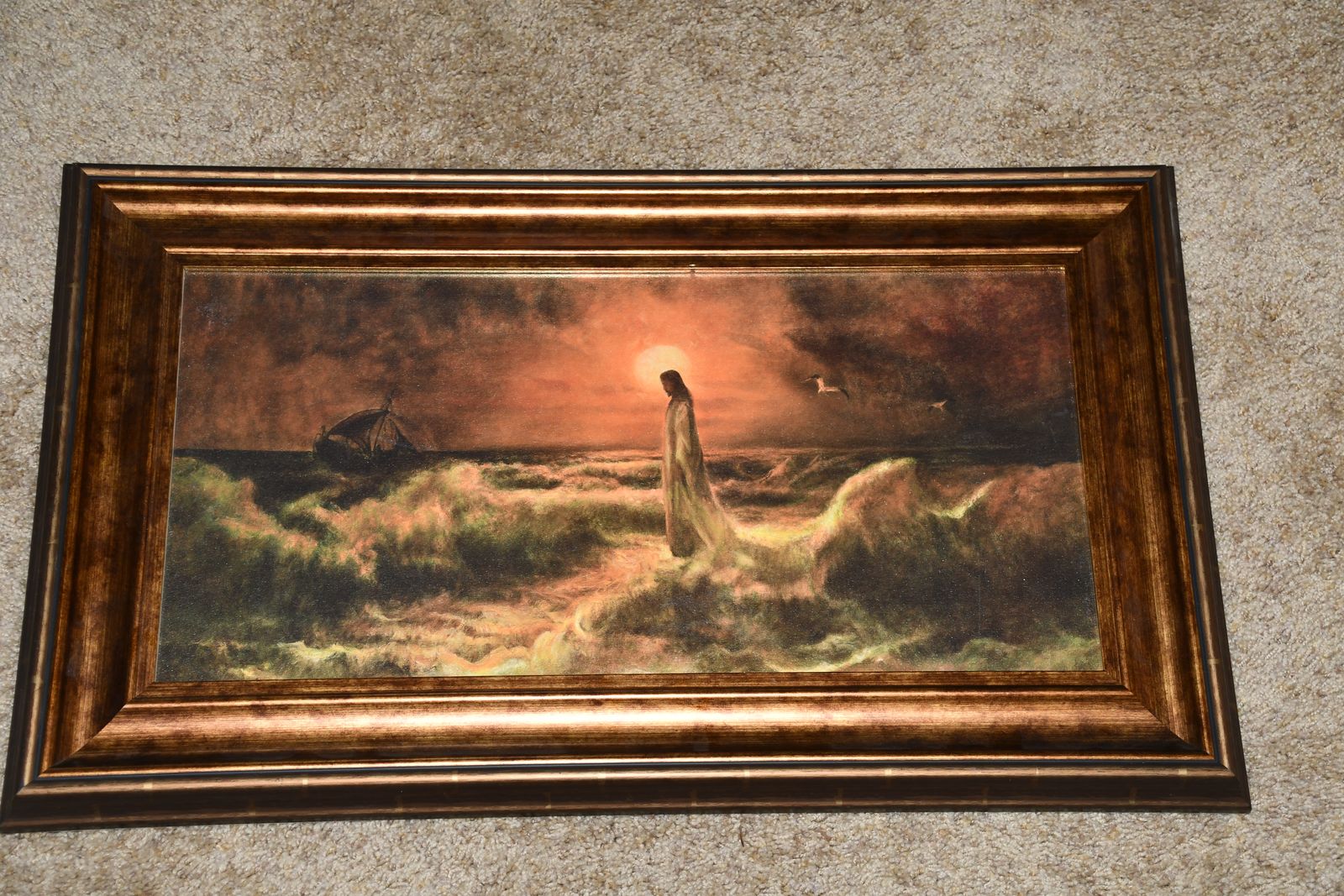 BEAUTIIFUL "CHRIST WALKING ON WATER" PICTURE ~ 15" x 25" FRAMED ~ TEXTURED ~ VERY NICE!