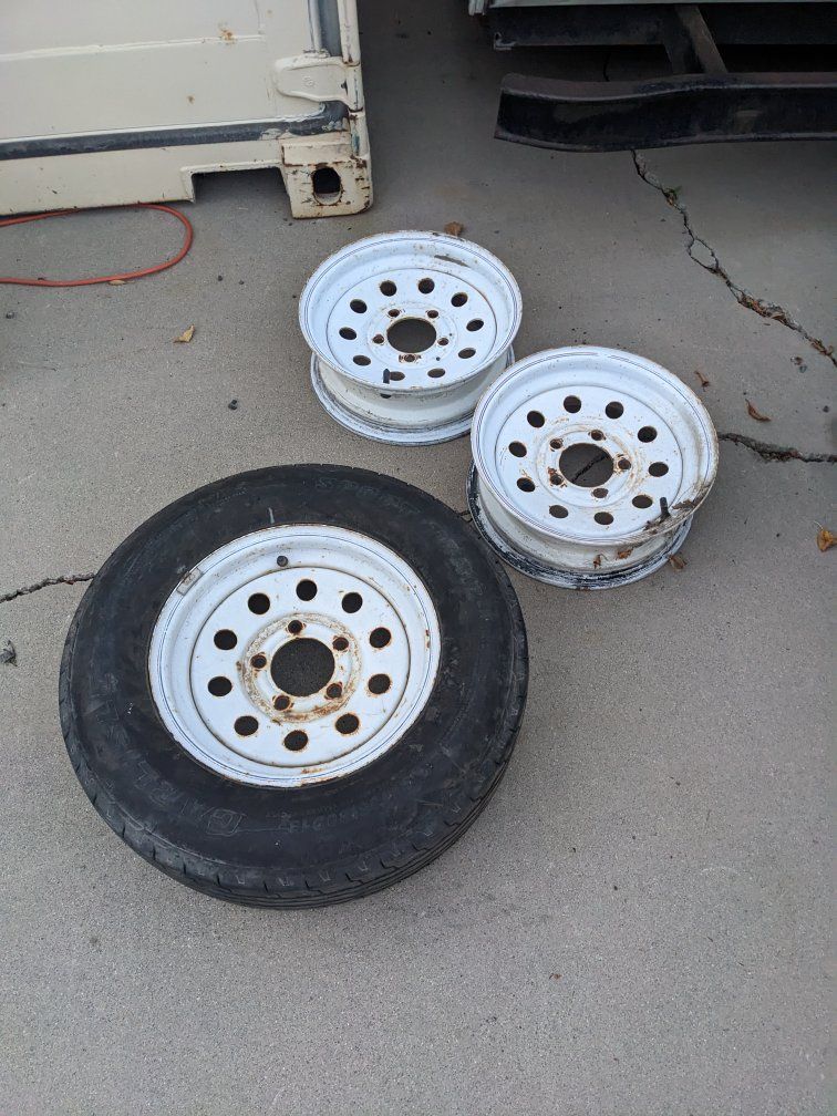 Trailer Tire and Two Steel Rims - 5 Lug Pattern, White, Used Condition