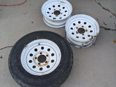 Trailer Tire and Two Steel Rims - 5 Lug Pattern, White, Used Condition