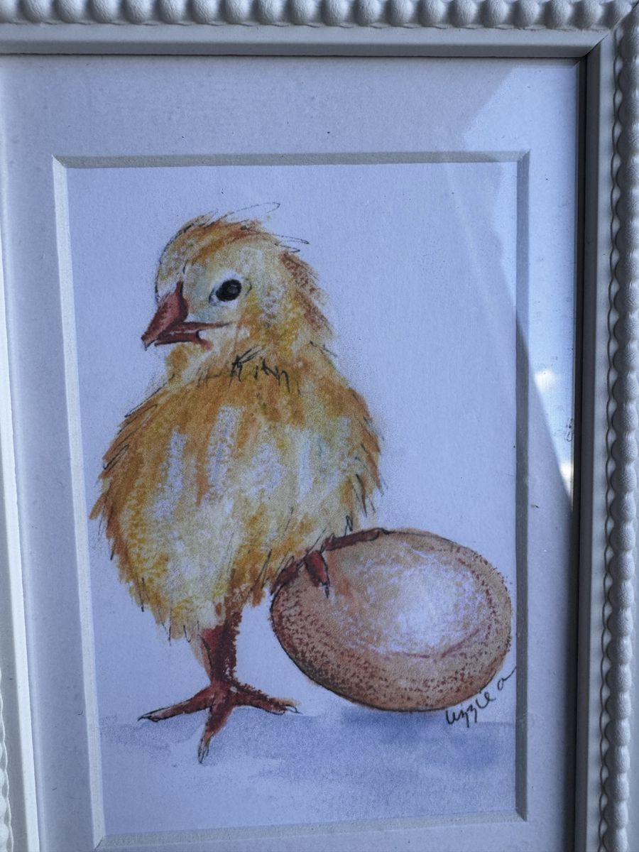 Framed Watercolor Painting of Chick with Egg gorgeous Art piece