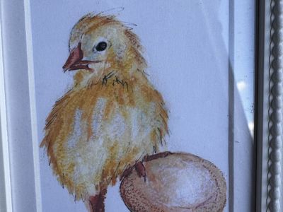 Framed Watercolor Painting of Chick with Egg gorgeous Art piece