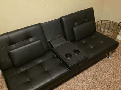 Small black faux leather futon