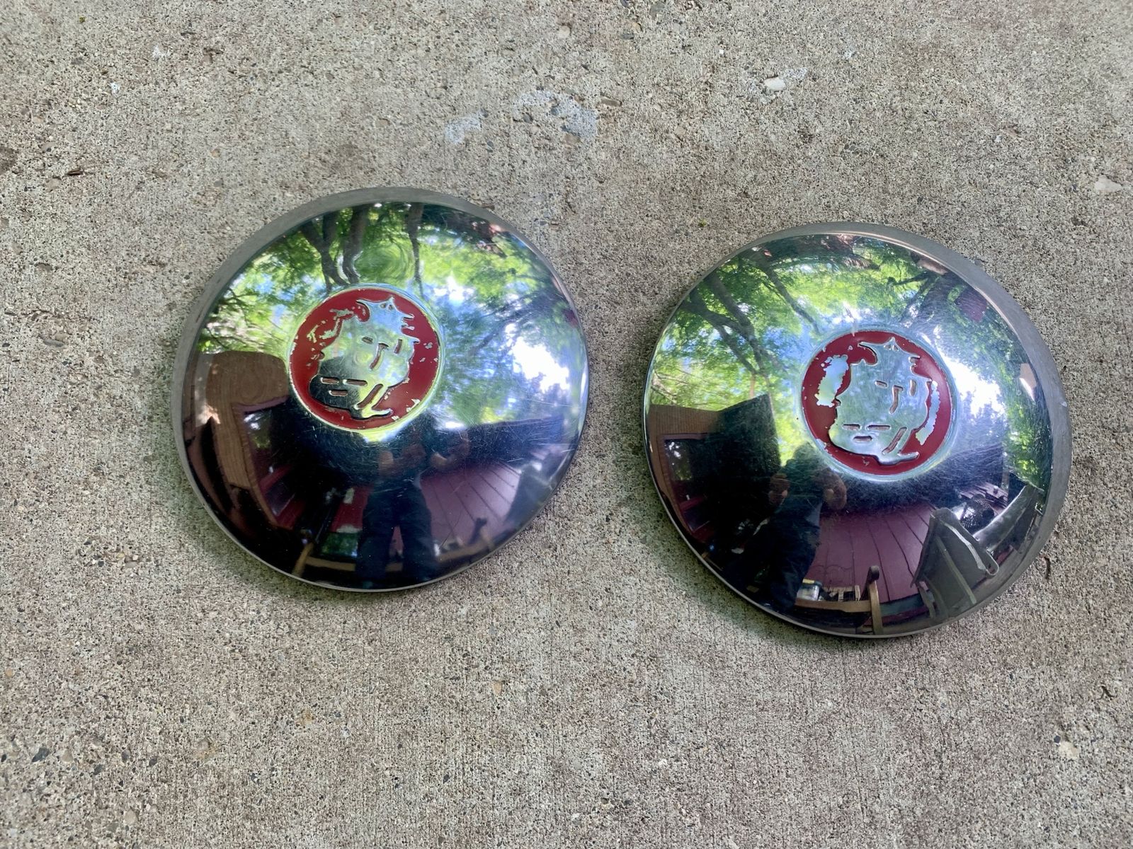 Pair 1939 1940 1941 Plymouth "Mayflower Design" Dog Dish Hubcaps 10" OEM