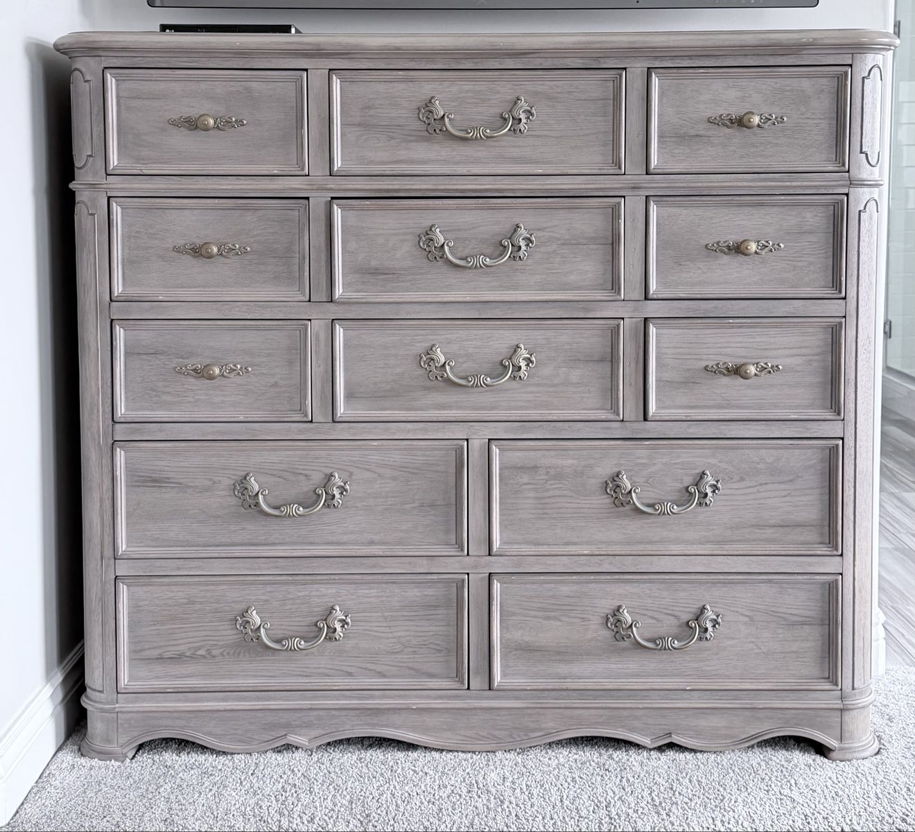 Large Grey Wood Dresser w/ 13 Drawers – Farmhouse / French Style