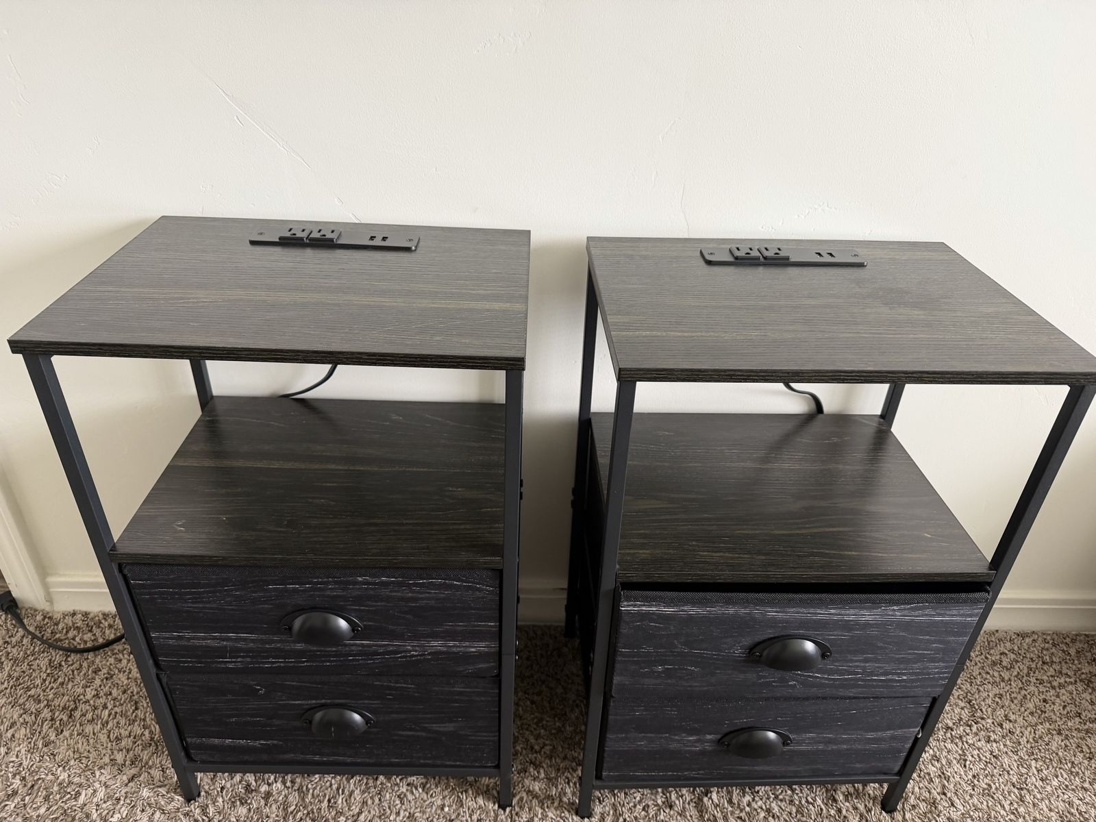 Pair of Modern Farmhouse Nightstands with Charging Station, Black Wood Grain & Metal Frame