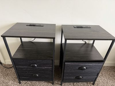 Pair of Modern Farmhouse Nightstands with Charging Station, Black Wood Grain & Metal Frame