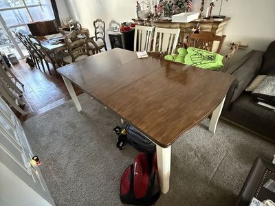 Farmhouse Style Dining Set – Table with Leaf, 6 Chairs, & Bench