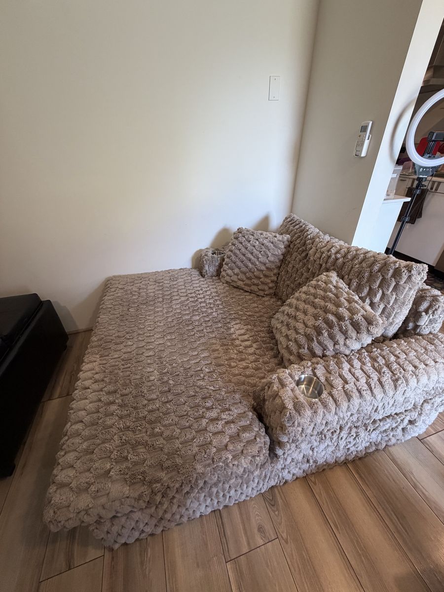 Cozy Tan Fluffy Couch with Cup Holders - Jumbo/XL Size