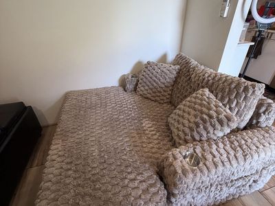 Cozy Tan Fluffy Couch with Cup Holders - Jumbo/XL Size
