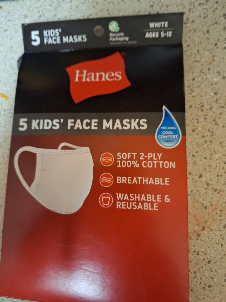 Hanes Kids' White 2-Ply 100% Cotton Face Masks (5-pack, Ages 5-12) - Washable & Reusable