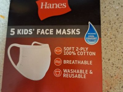 Hanes Kids' White 2-Ply 100% Cotton Face Masks (5-pack, Ages 5-12) - Washable & Reusable