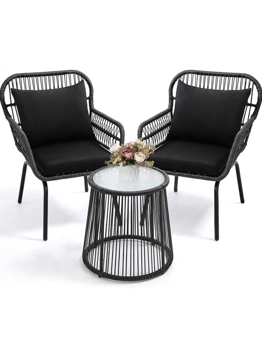 3-Piece All Weather Rattan Bistro Set, Outdoor Patio Conversation Chairs Table