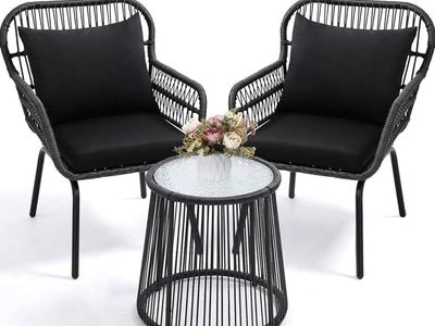 3-Piece All Weather Rattan Bistro Set, Outdoor Patio Conversation Chairs Table