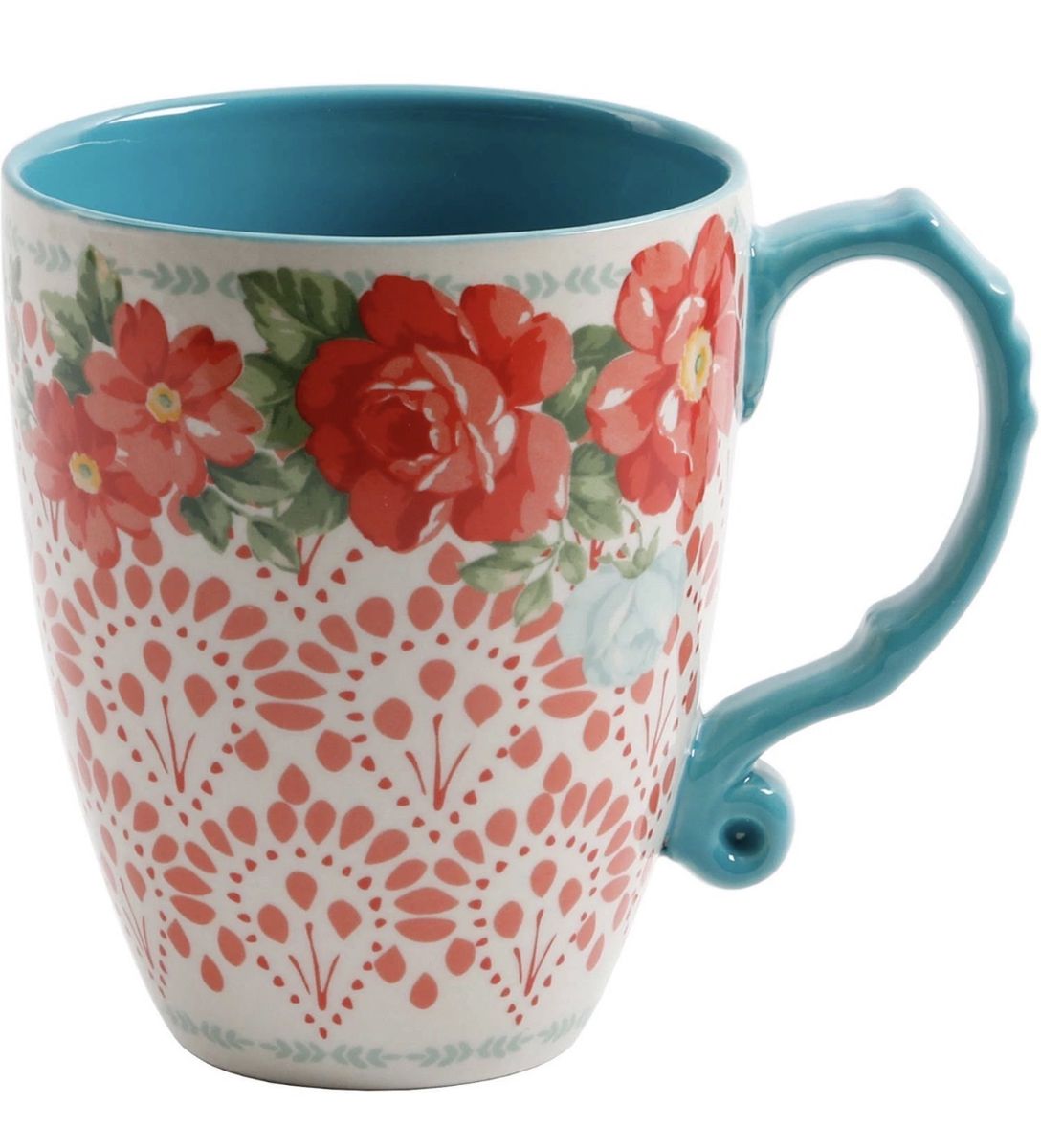 Pioneer Woman Stoneware Vintage Floral Betsy 26 Oz Jumbo Latte Mug Teal Red