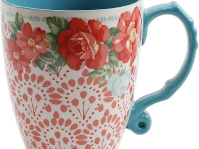 Pioneer Woman Stoneware Vintage Floral Betsy 26 Oz Jumbo Latte Mug Teal Red