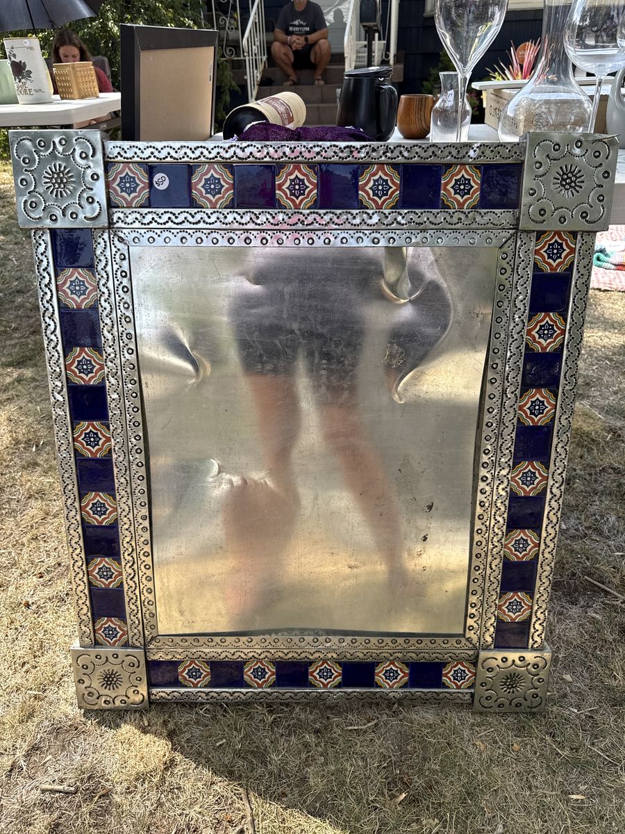 Vintage Mexican Tin and Talavera Tile Wall Mirror