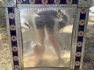 Vintage Mexican Tin and Talavera Tile Wall Mirror