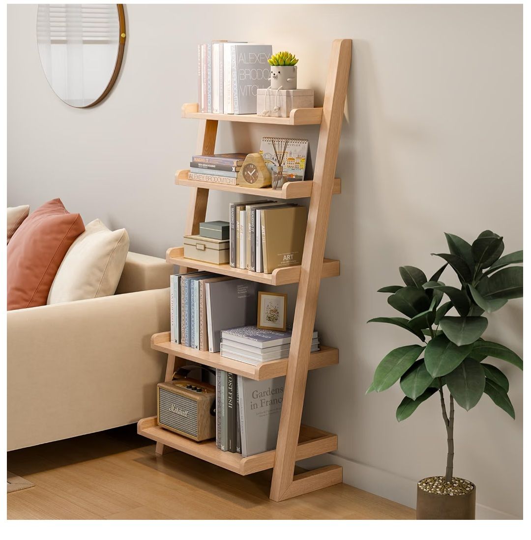 NEW Leaning Wooden Ladder Shelf with Edges 5 Tier