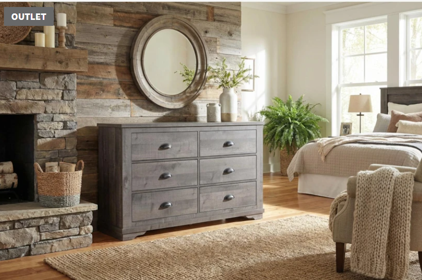 Grey Wood 6-Drawer Dresser 60"W x 16"D x 36"H