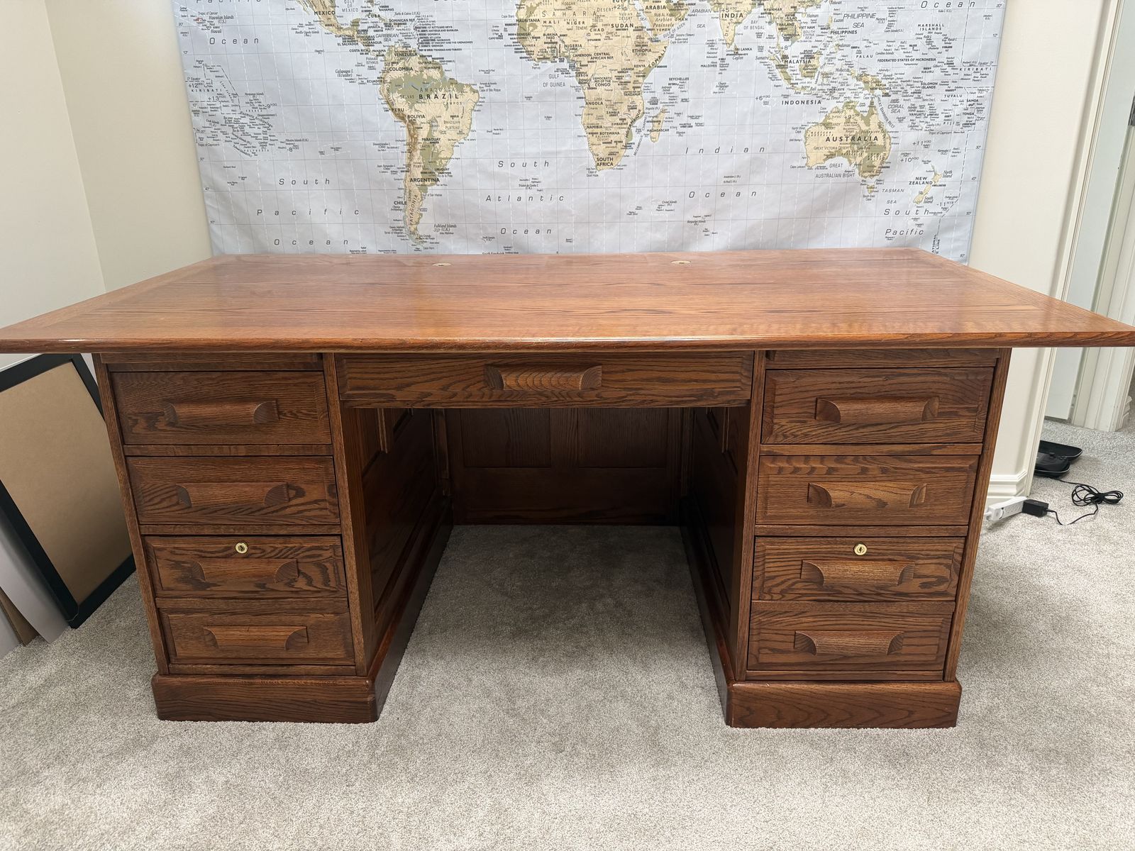 Solid Oak Executive Desk, Double Pedestal, 6' x 3', 7 Drawers + Locking Cabinets
