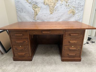 Solid Oak Executive Desk, Double Pedestal, 6' x 3', 7 Drawers + Locking Cabinets