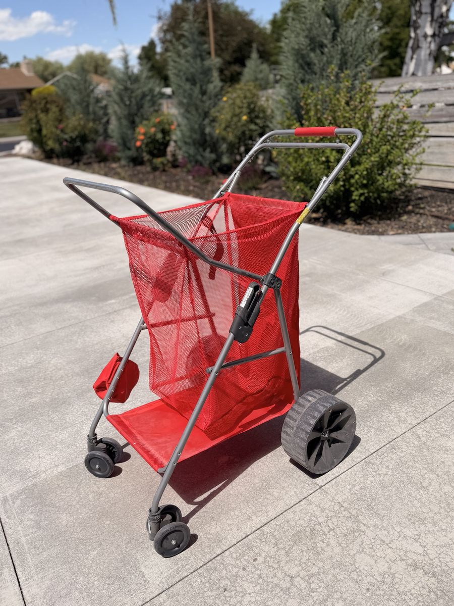 Wonder Wheeler Beach Cart with Large Wheels and Mesh Bag - Red, Folding Design