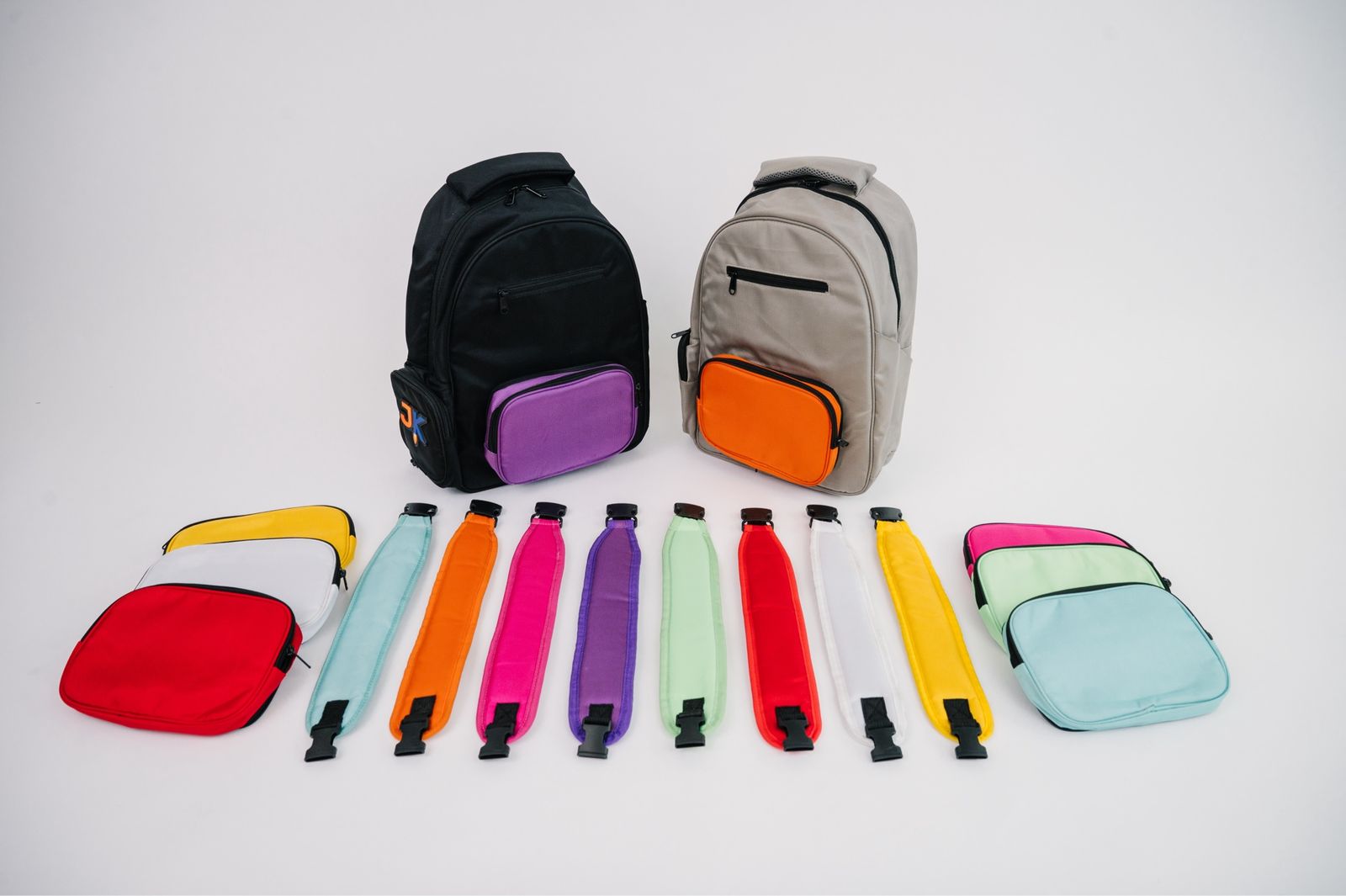 Back To School Customizable Backpack with 8 Colored Pockets & Straps - Black or Gray, New Condition