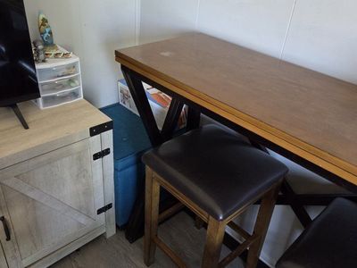 Space-Saving Bar Height Dining Table with 2 Stools - Brown & Black, Perfect for Small Spaces