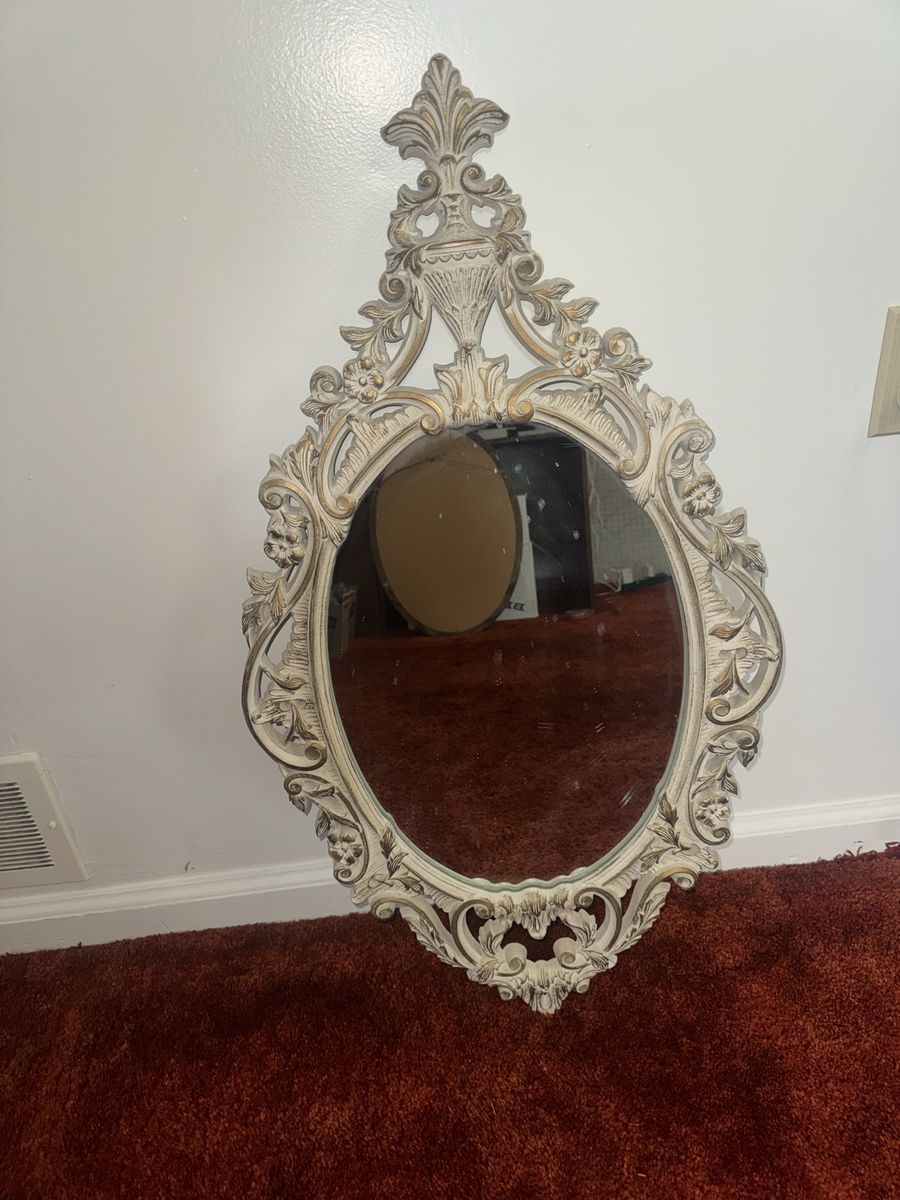 Vintage Ornate Oval Wall Mirror - White & Gold Baroque Style Decor