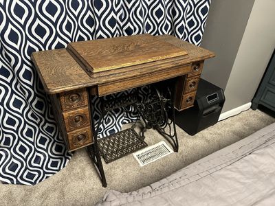 Antique Singer Treadle Sewing Machine Cabinet with Drawers - Rustic Wood Finish