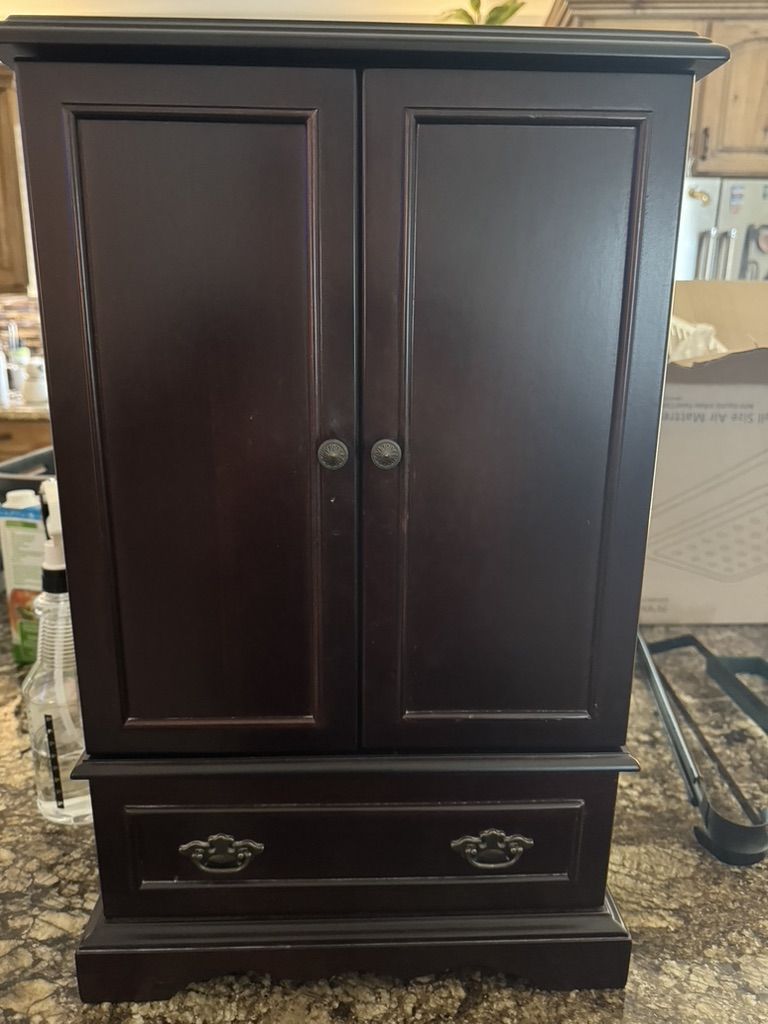 Dark Wood Jewelry Armoire Cabinet with Green Felt Lining and Drawer Storage