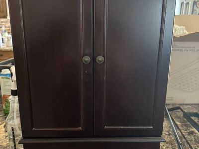Dark Wood Jewelry Armoire Cabinet with Green Felt Lining and Drawer Storage
