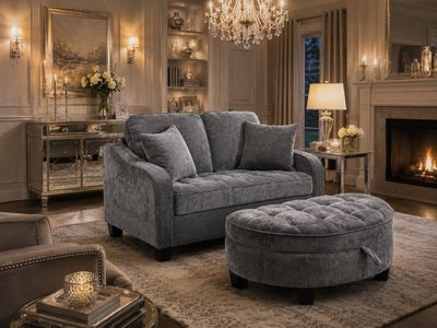️ SELENA GRAY CHENILLE CHAISE LOUNGE SOFA WITH OTTOMAN & STORAGE 🩶GRAY