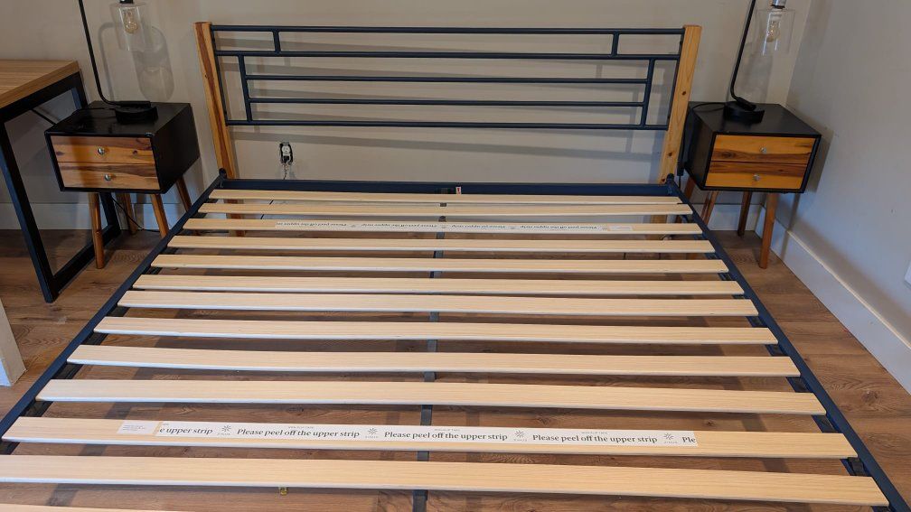 Modern Wood & Metal Queen Bed Frame with Slats - No Box Spring Needed