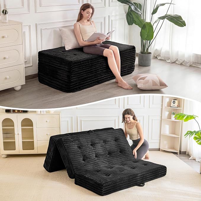 MAXYOYO Folding Sofa Couch Bed, 6 Inch Tri-Fold Floor Sofa Bed, Mattress with Handles, Full, Black