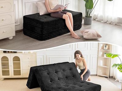 MAXYOYO Folding Sofa Couch Bed, 6 Inch Tri-Fold Floor Sofa Bed, Mattress with Handles, Full, Black