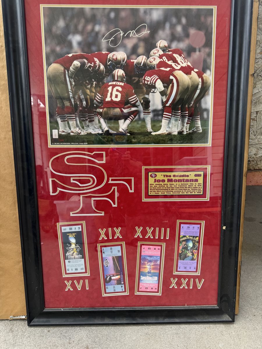Joe Montana Framed Autographed San Francisco 49ers Display with Super Bowl Tickets