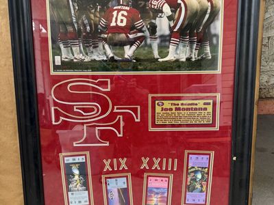 Joe Montana Framed Autographed San Francisco 49ers Display with Super Bowl Tickets